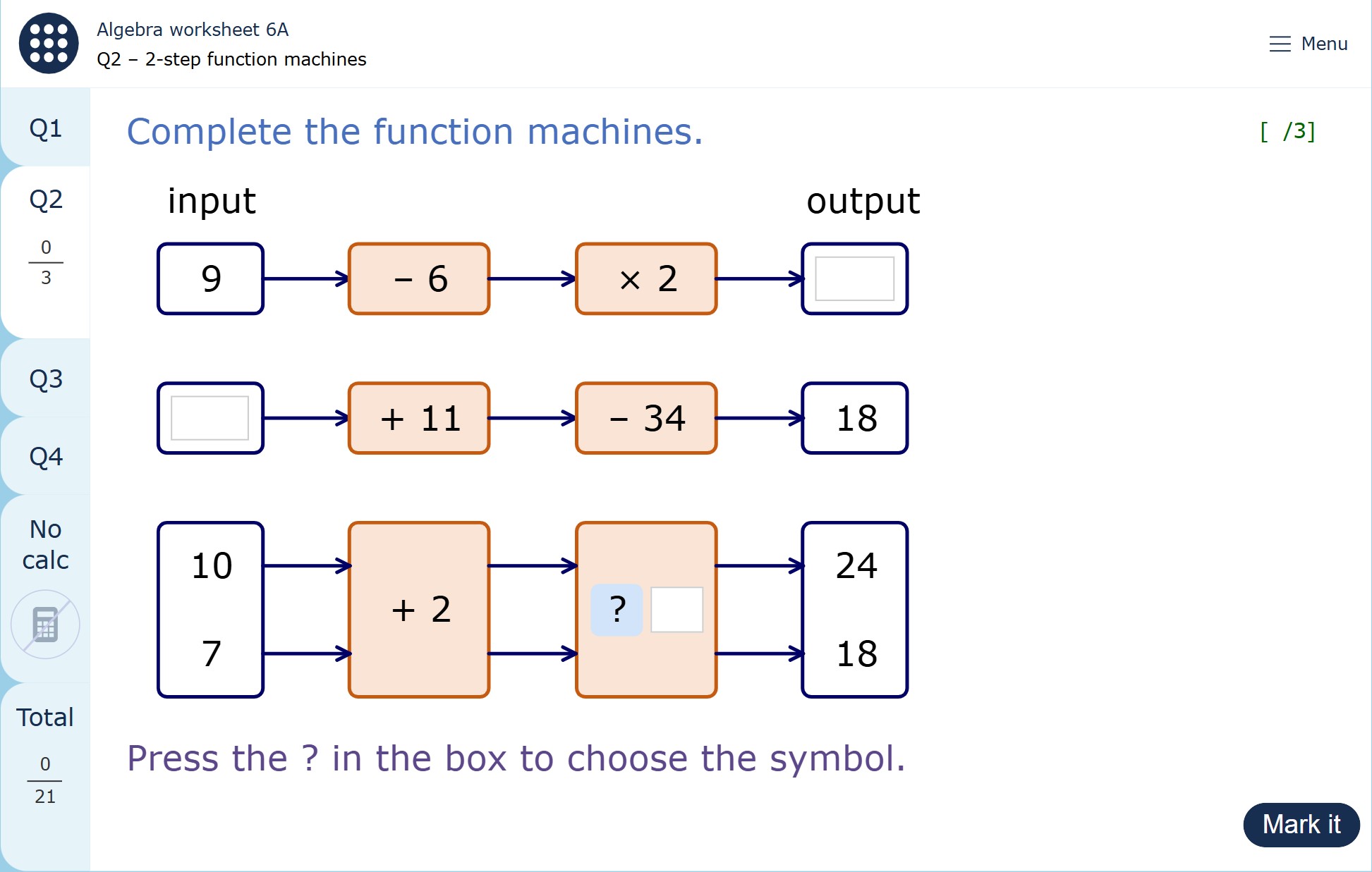The image shows a page from a MyMaths worksheet. There are three two-step function machines. Pupils need to enter a missing output, input, or function.